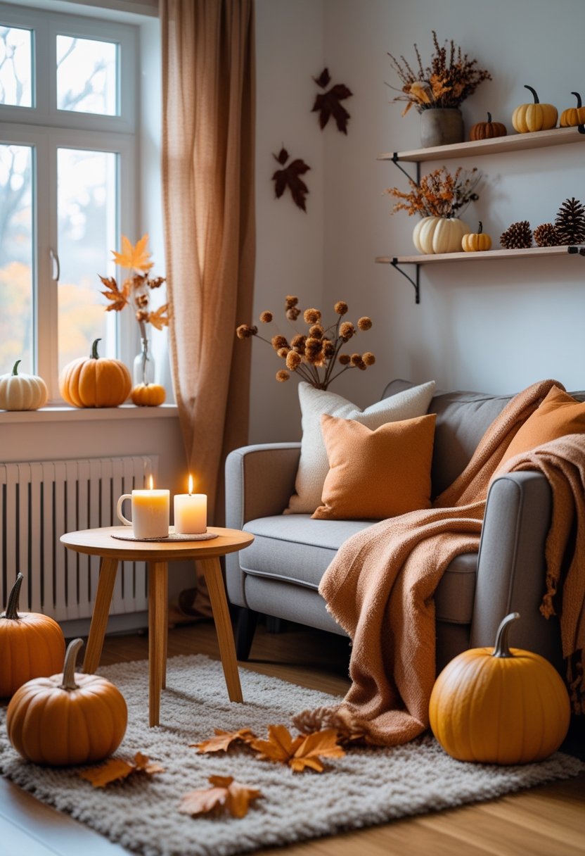 A small apartment living room decorated with fall-themed items including pumpkins, warm blankets, pillows, candles, and dried flowers, creating a cozy autumn atmosphere.