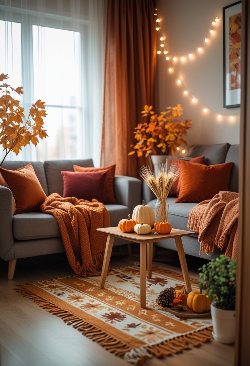 A small apartment living room decorated with autumn-themed items like pumpkins, throw blankets, and dried leaves, bathed in soft natural light.