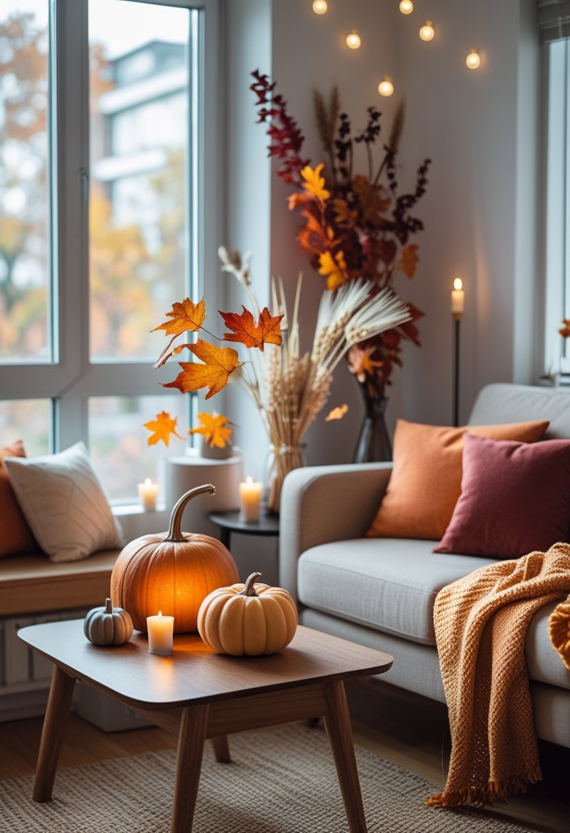 A small living room decorated with pumpkins, dried wheat, autumn leaves, and warm-colored pillows and blankets.