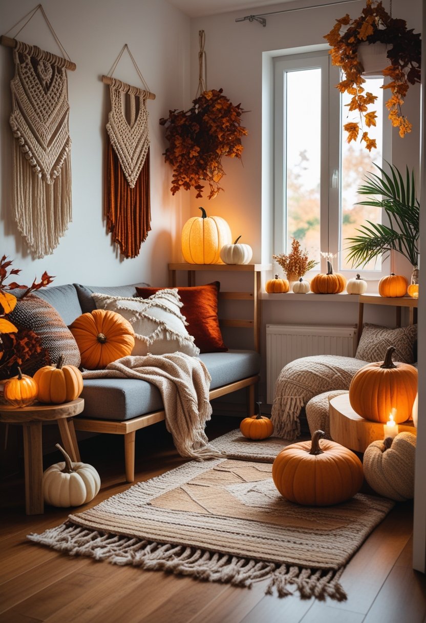 A small apartment living area decorated with warm fall colors, cozy textiles, plants, and seasonal decorations like pumpkins and dried leaves.