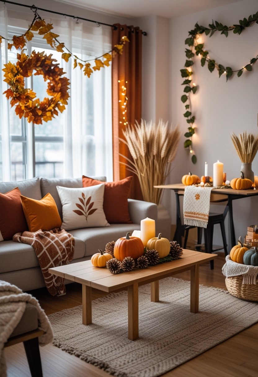 Small apartment living room decorated with pumpkins, candles, throw pillows, and fall-themed decor in warm autumn colors.