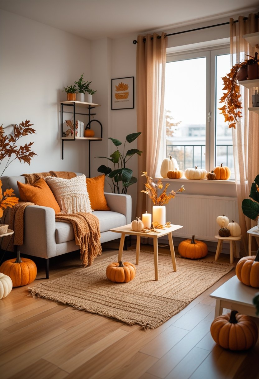 A small apartment living room decorated with autumn-themed items including pumpkins, blankets, and plants, featuring a sofa, coffee table, and window with natural light.