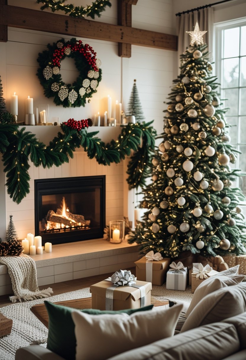 A cozy living room with a decorated fireplace, Christmas tree, wrapped gifts, and festive decorations.