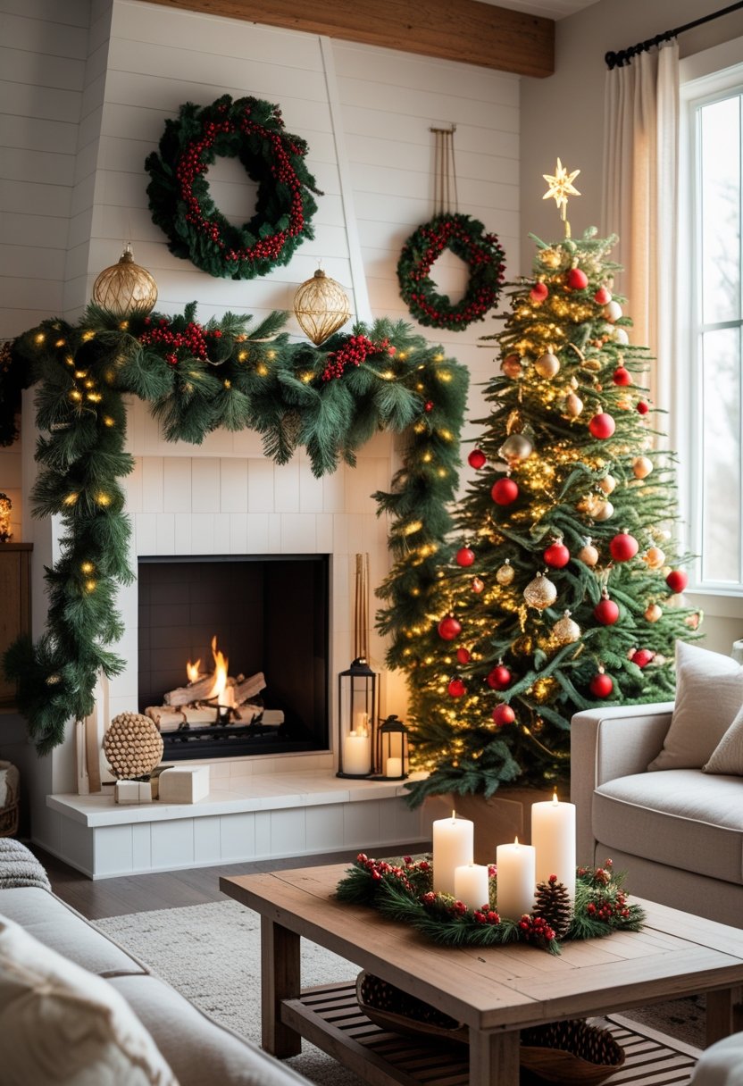 Living room with a decorated Christmas tree and a fireplace adorned with garlands and lights.