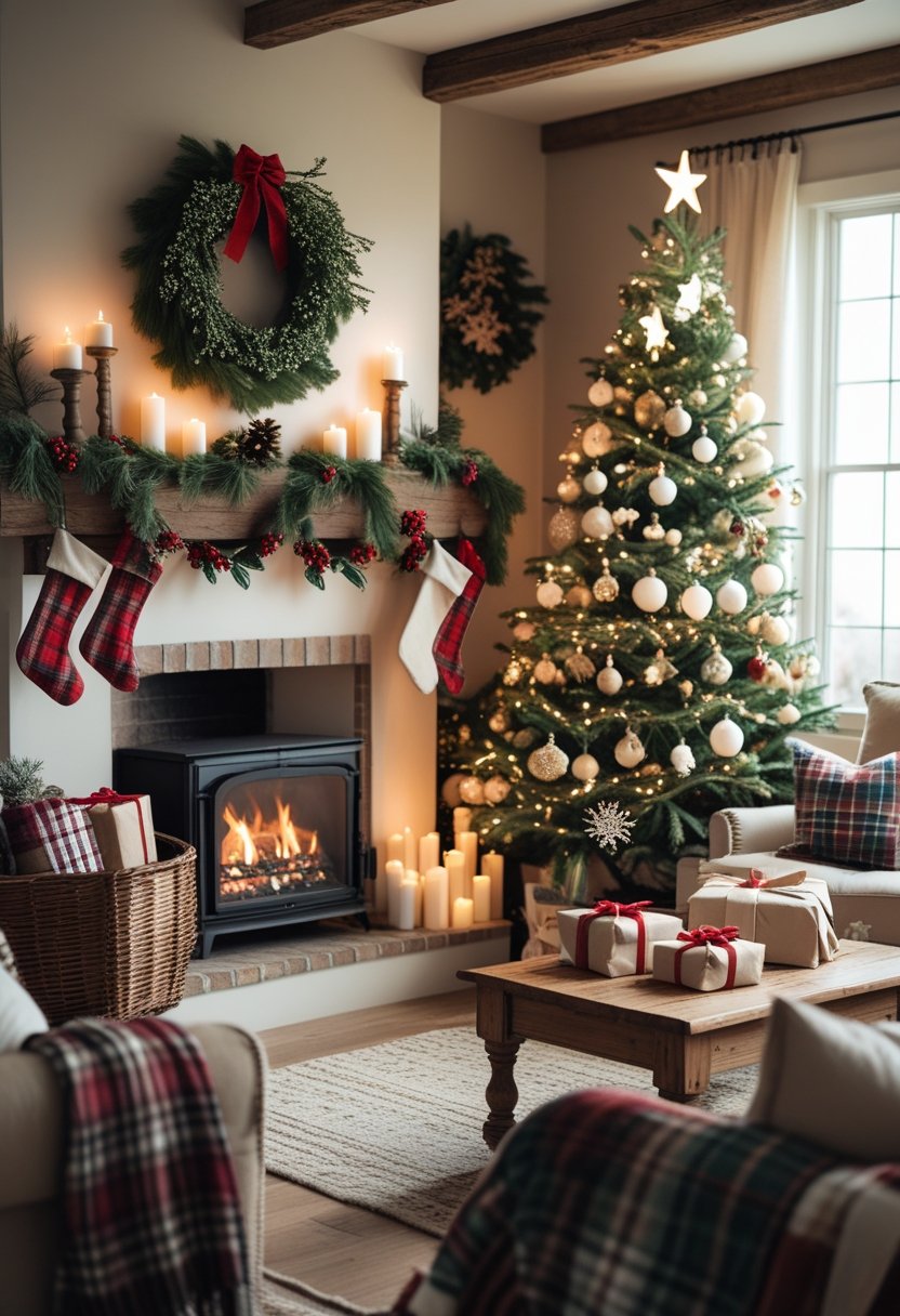 A cozy living room with a decorated fireplace, Christmas tree, wrapped gifts, and festive holiday decorations.