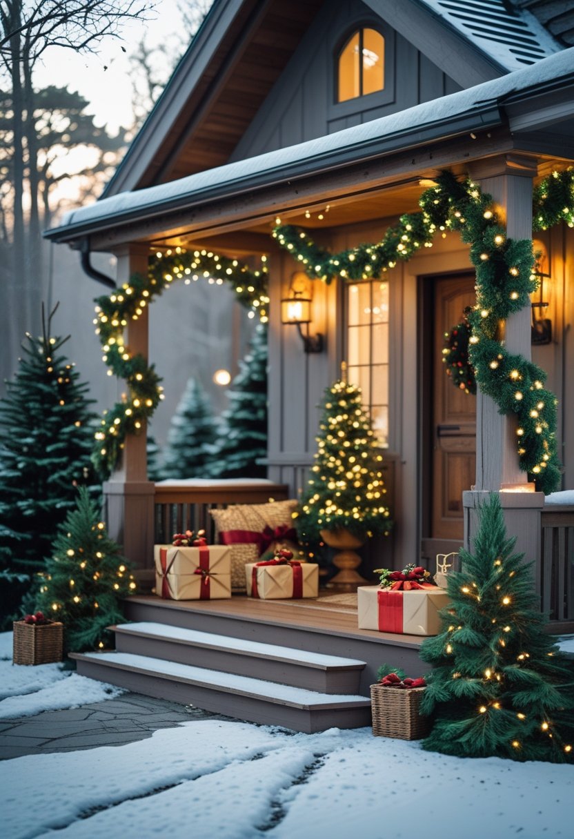 An outdoor farmhouse porch decorated with Christmas garlands, lights, ornaments, wrapped presents, snow on the ground, and evergreen trees in the background.