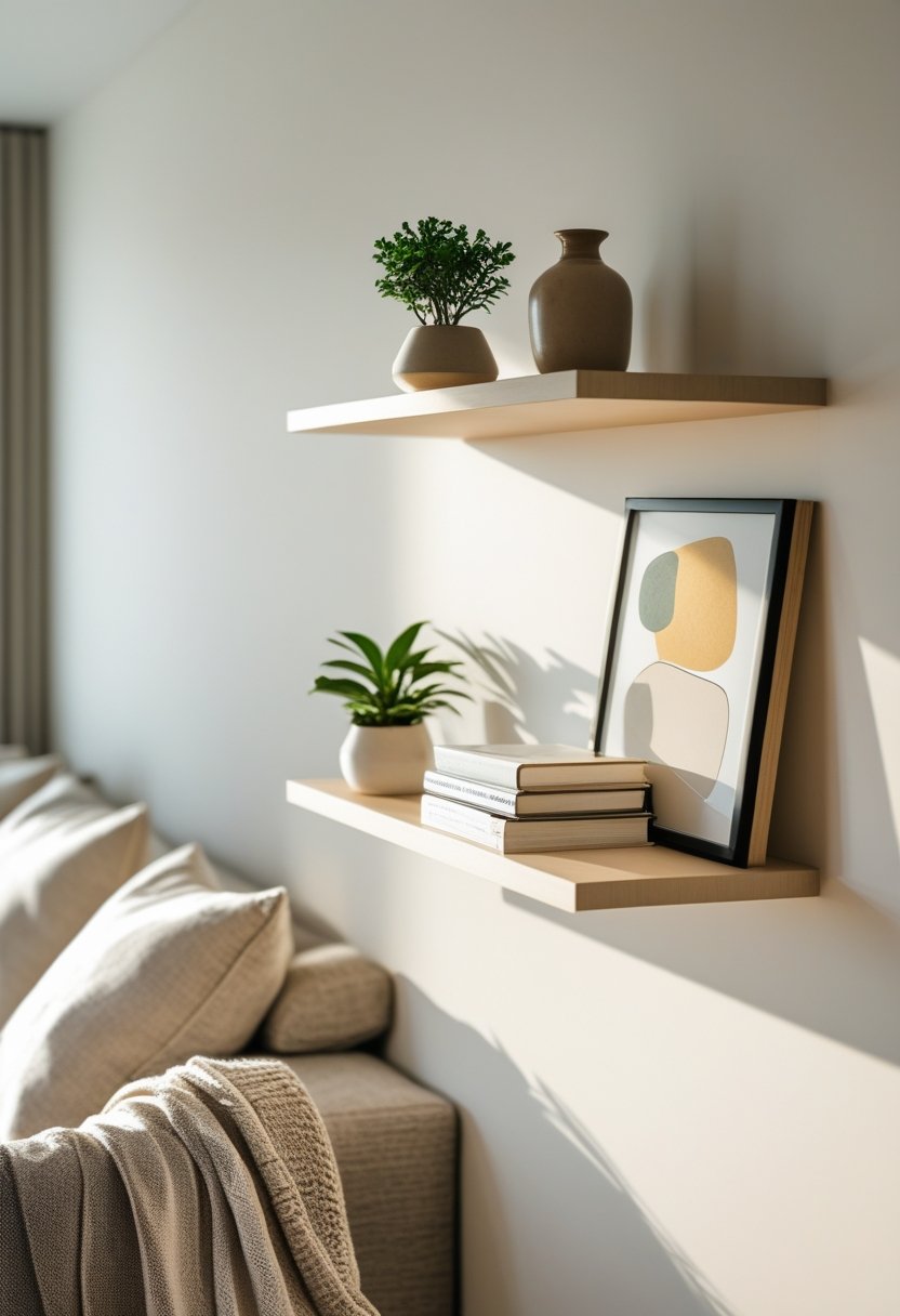 A wall shelf with a plant, vase, books, and framed art above a sofa in a living room.
