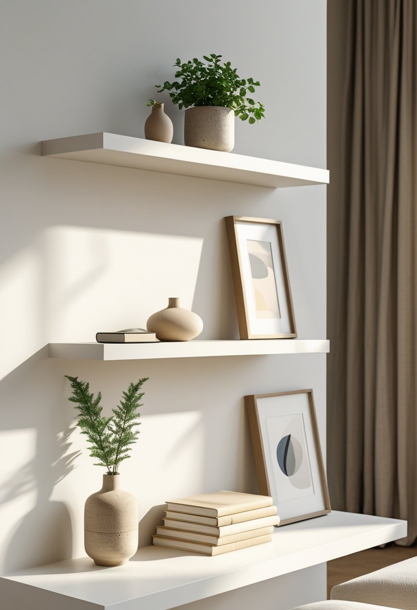 A simple wall shelf mounted on a white wall holding a small plant, a ceramic vase, books, and a framed artwork in a bright living space.