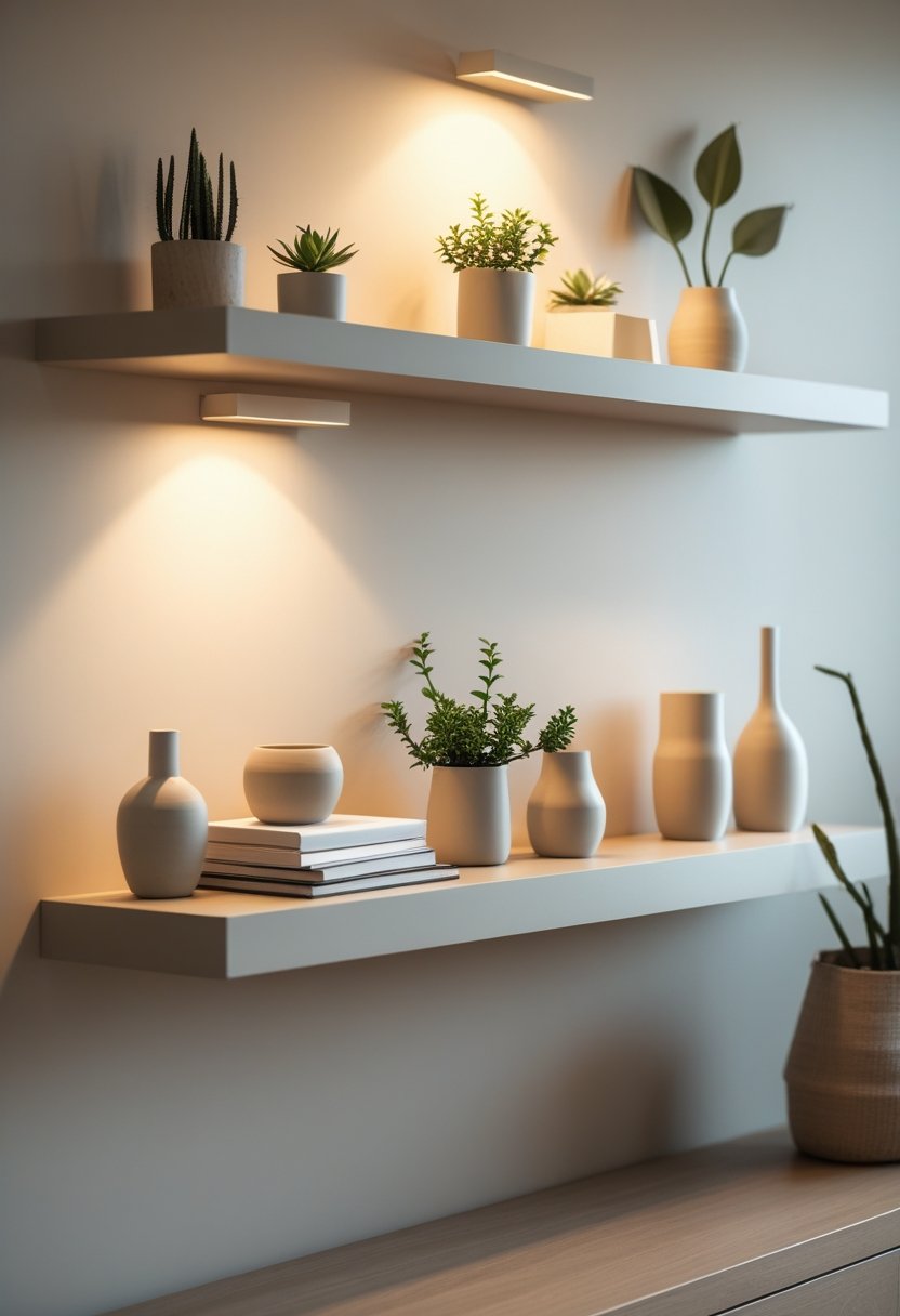 A wall shelf with neutral-toned decor items such as plants, vases, and books illuminated by warm lighting in a modern living room.