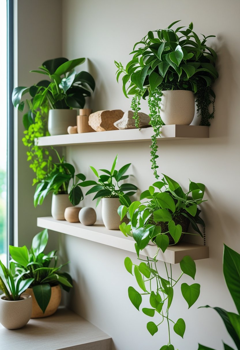 A wall shelf with green potted plants and natural decor items in a cozy home setting.