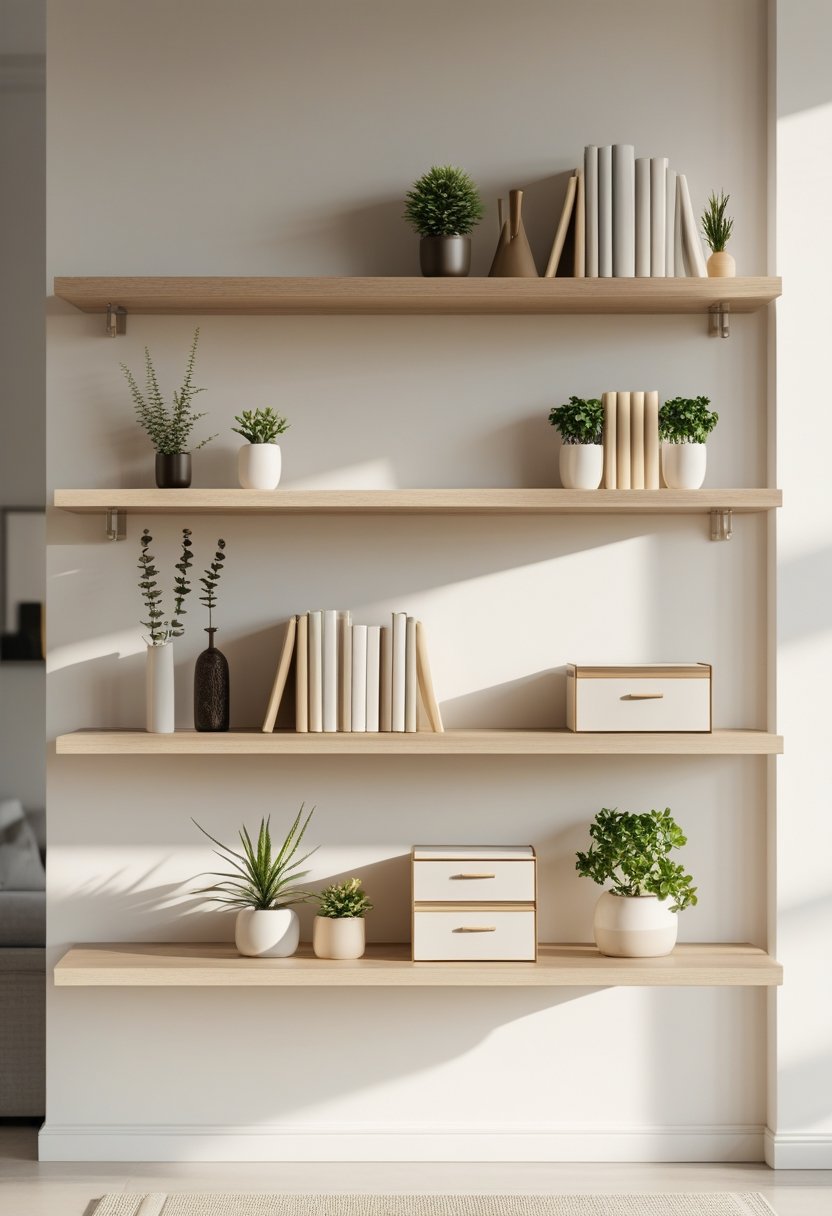 A wall shelf with books, plants, vases, and storage boxes in a bright living room.