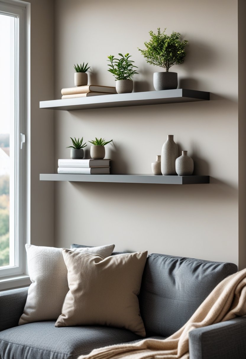 A cozy living room corner with a wall shelf displaying plants, books, and vases above a cushioned armchair with a throw blanket.