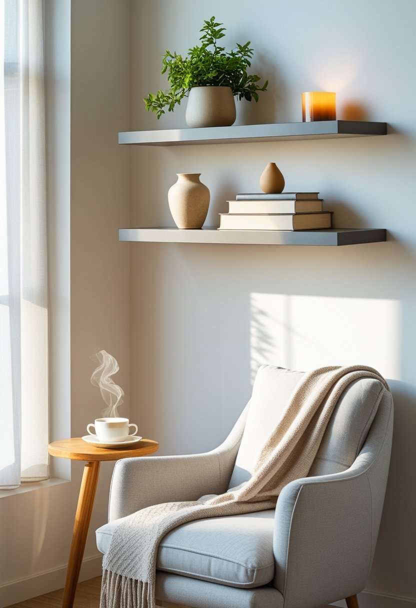 A cozy living room corner with a wall shelf holding a plant, books, a vase, and a candle, next to a gray armchair with a blanket and a side table with a cup.