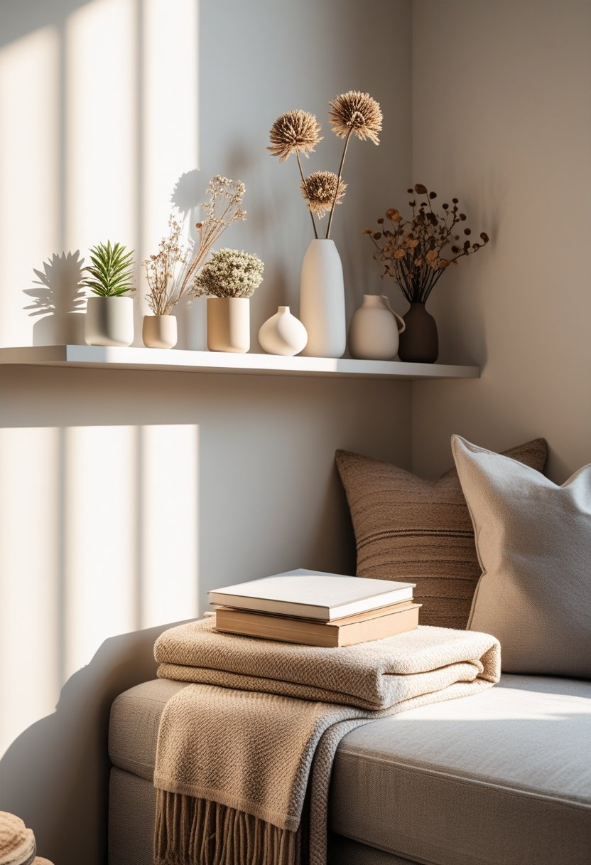 A modern living room corner with a wall shelf displaying plants, vases, books, and a folded blanket.