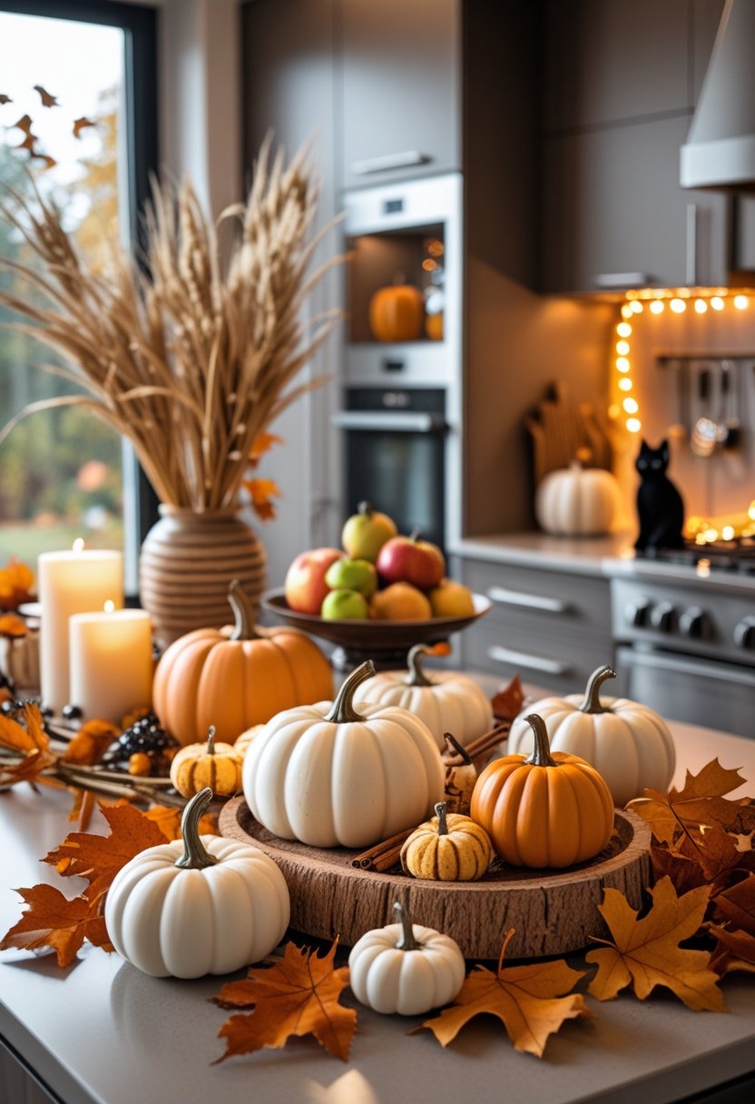 A modern kitchen decorated with pumpkins, autumn leaves, candles, and fall-themed accents creating a cozy Halloween atmosphere.