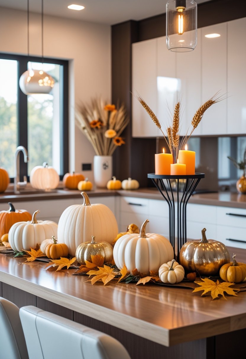 A modern kitchen decorated with pumpkins, autumn leaves, candles, and fall flowers creating a warm Halloween atmosphere.