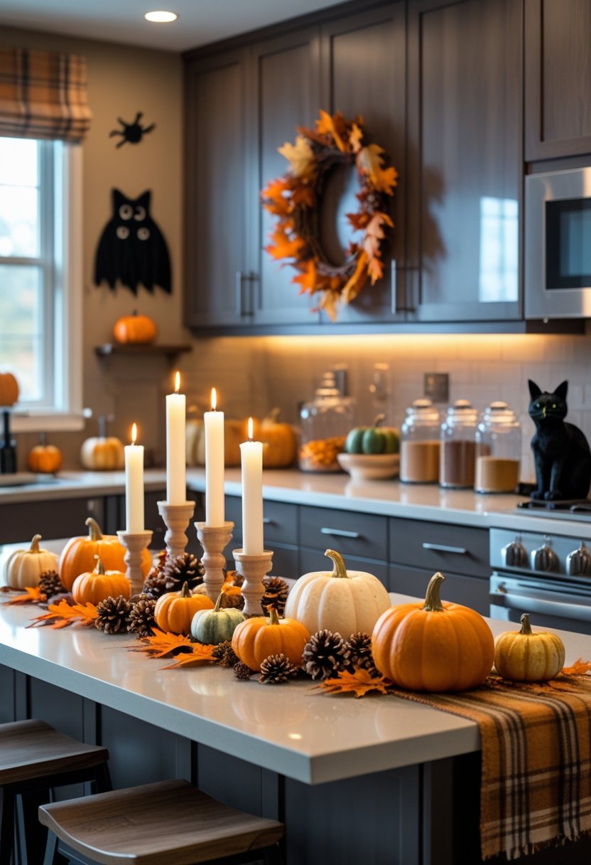A modern kitchen decorated with pumpkins, autumn leaves, candles, and fall-themed accents creating a cozy Halloween atmosphere.