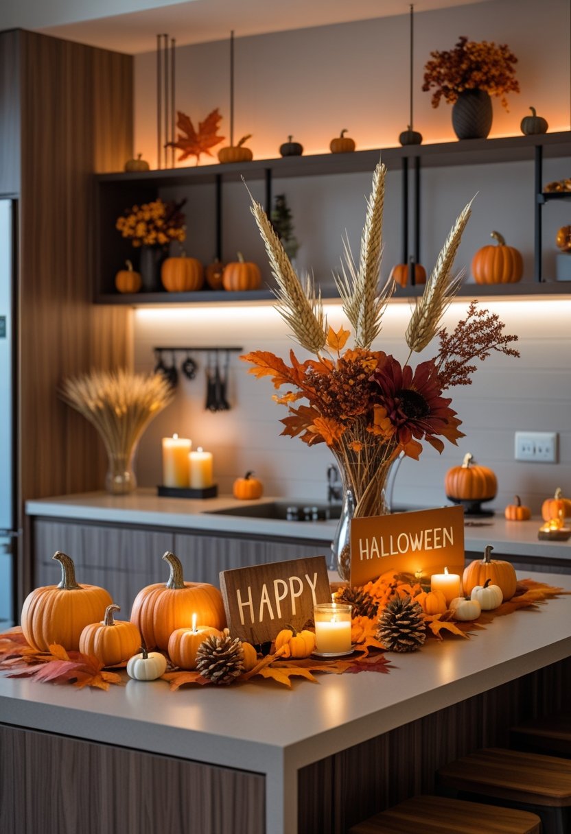 A modern kitchen decorated with small pumpkins, autumn leaves, candles, and dried flowers for Halloween.