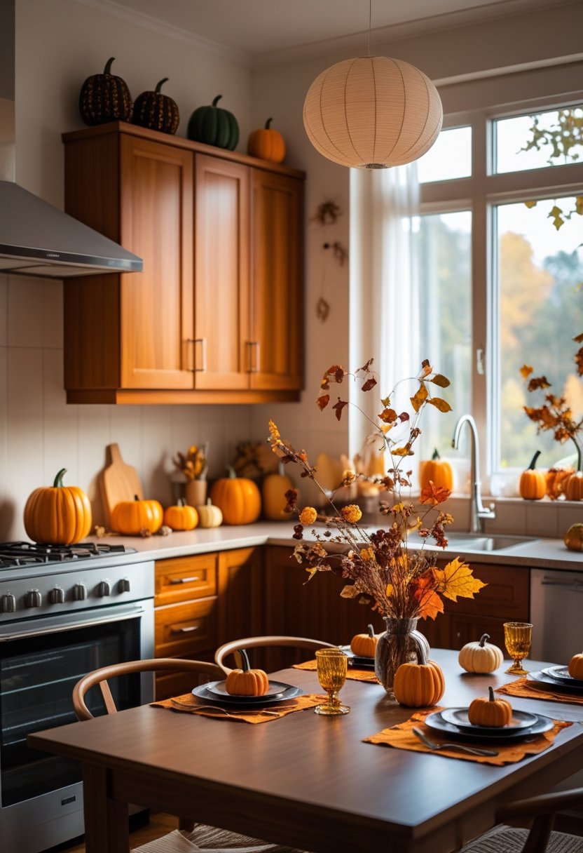 A kitchen decorated with pumpkins, gourds, and autumn leaves, featuring warm natural light and modern appliances.