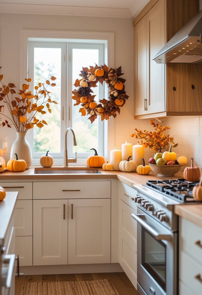 A modern kitchen decorated with small pumpkins, autumn leaves, candles, and seasonal fruits creating a warm and cozy Halloween atmosphere.