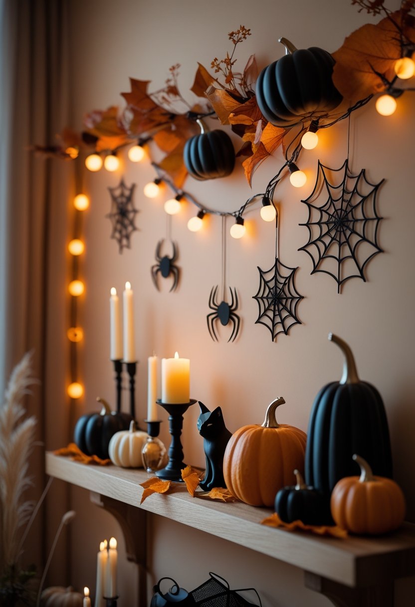 A decorated wall with pumpkins, string lights, autumn leaves, candles, and Halloween figurines arranged on a wooden shelf.
