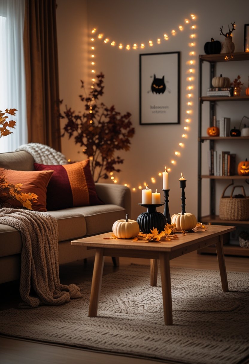 A cozy living room decorated for Halloween with a sofa, cushions, carved pumpkins, candles, autumn leaves, and subtle string lights on the wall.
