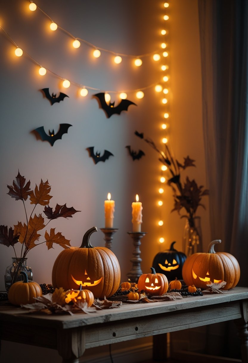 A cozy Halloween home scene with warm lighting, pumpkins, candles, and autumn decorations on a wooden table in front of a softly lit wall.
