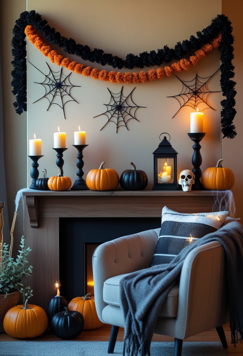 A cozy living space decorated with Halloween accents including pumpkins, candles, and garlands on a warm-toned wall.