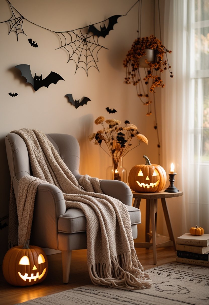 A cozy living room corner decorated for Halloween with a glowing carved pumpkin, a plush armchair, a wooden side table with candles, and Halloween-themed wall decorations.