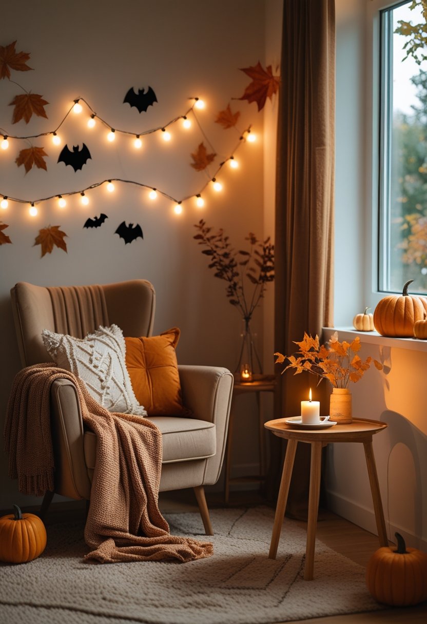 A cozy living room corner decorated with pumpkins, autumn leaves, string lights, an armchair with a throw blanket, and a side table with a candle and cup.