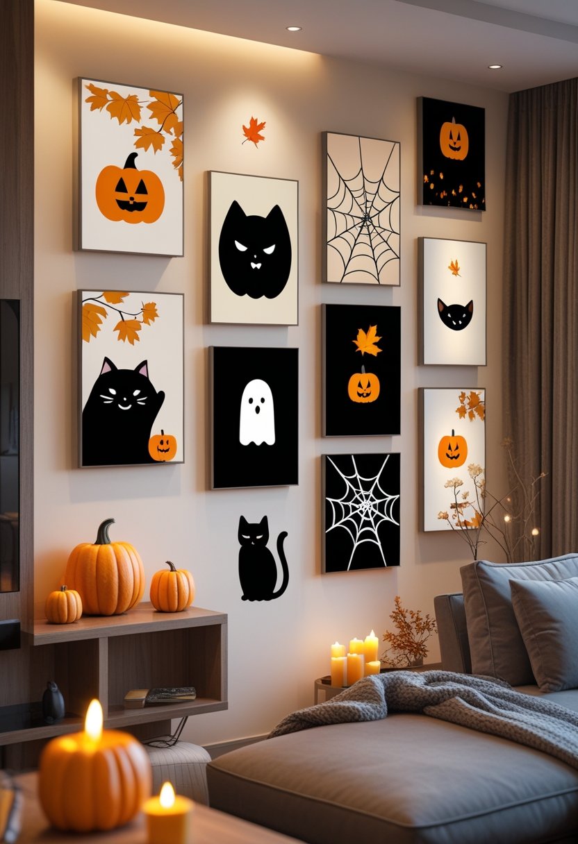 A modern living room wall decorated with thirteen unique Halloween-themed art pieces and seasonal decorations including pumpkins and candles.
