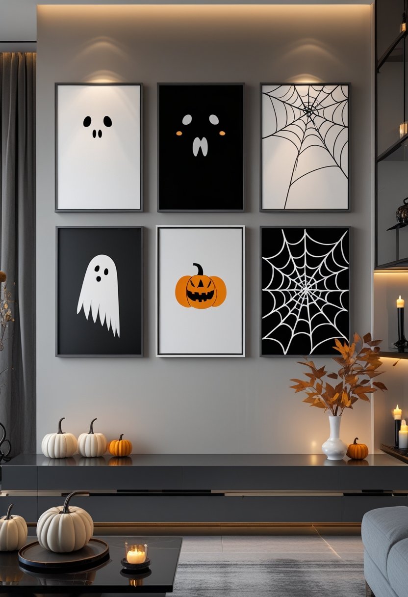 A modern living room wall decorated with elegant Halloween-themed artwork, pumpkins, autumn leaves, and candles.