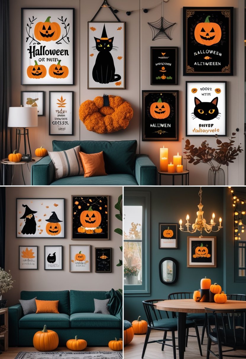 Interior rooms decorated with various Halloween-themed wall art featuring pumpkins, black cats, witches, and autumn leaves, with cozy furniture and warm lighting.