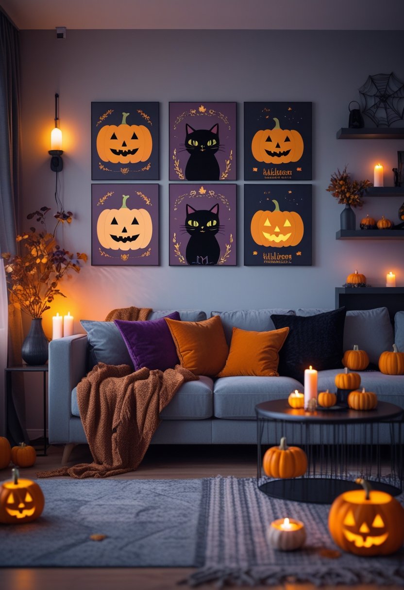 A living room decorated for Halloween with wall art of pumpkins and black cats, cozy cushions, candles, and seasonal accents.