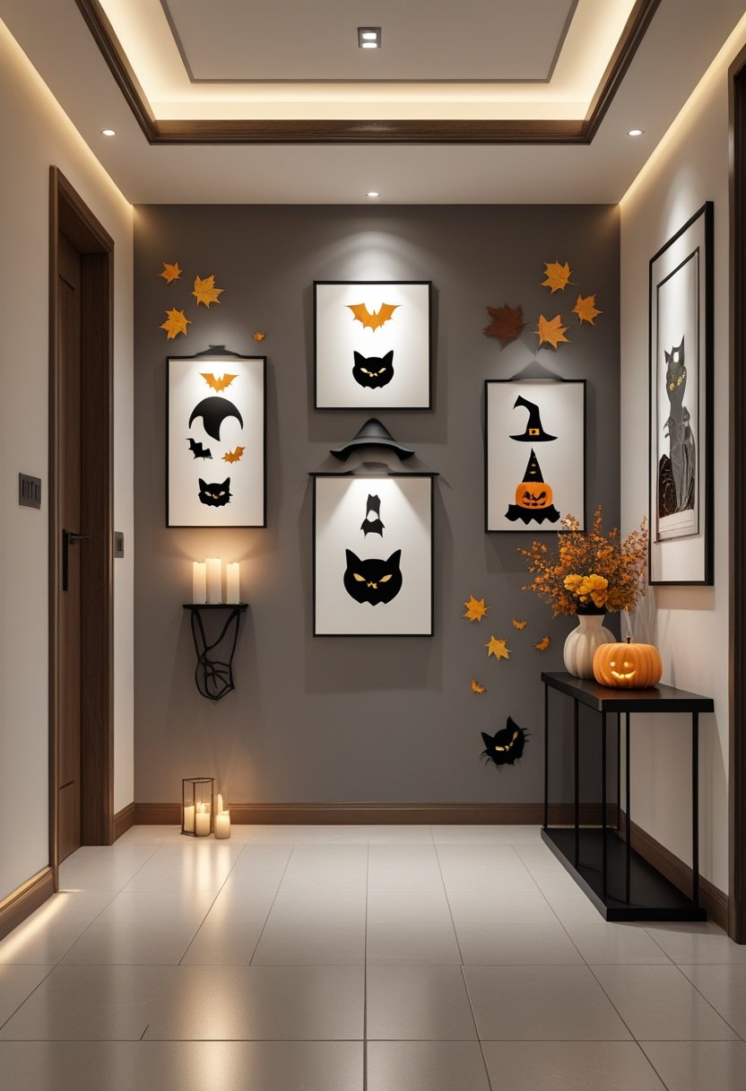 A welcoming entryway decorated with elegant Halloween-themed wall art, pumpkins, candles, and autumn flowers.
