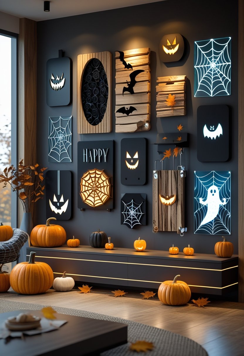 Interior wall decorated with 13 diverse Halloween-themed art pieces including pumpkins, bats, spider webs, and ghosts, with warm ambient lighting and seasonal decorations.