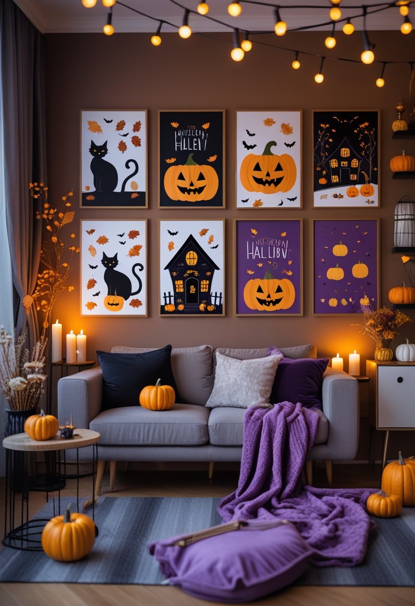 A living room decorated with Halloween wall art and seasonal decorations, including pumpkins and candles.