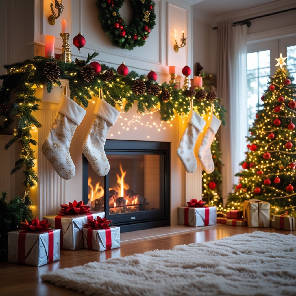A cozy living room with a decorated fireplace, stockings, wrapped gifts, and a glowing Christmas tree creating a festive holiday scene.