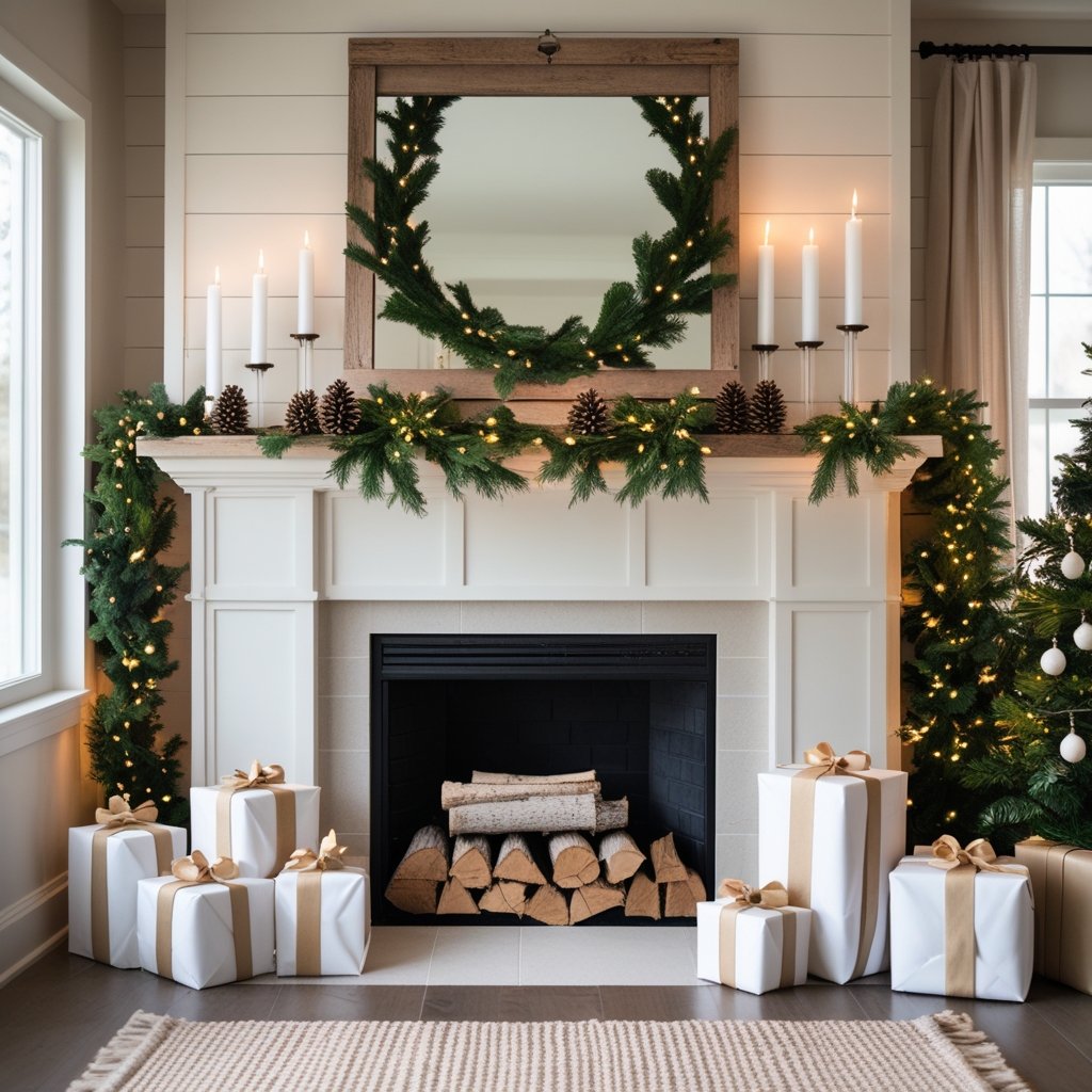 A decorated fireplace mantel with green garlands, candles, pine cones, wrapped presents, and a rustic mirror in a warmly lit living room.