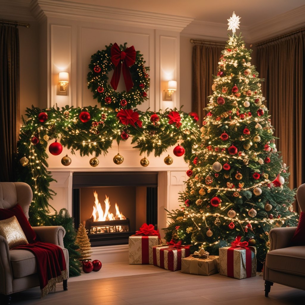 A cozy living room with a decorated Christmas tree and a fireplace adorned with festive garlands and ornaments.