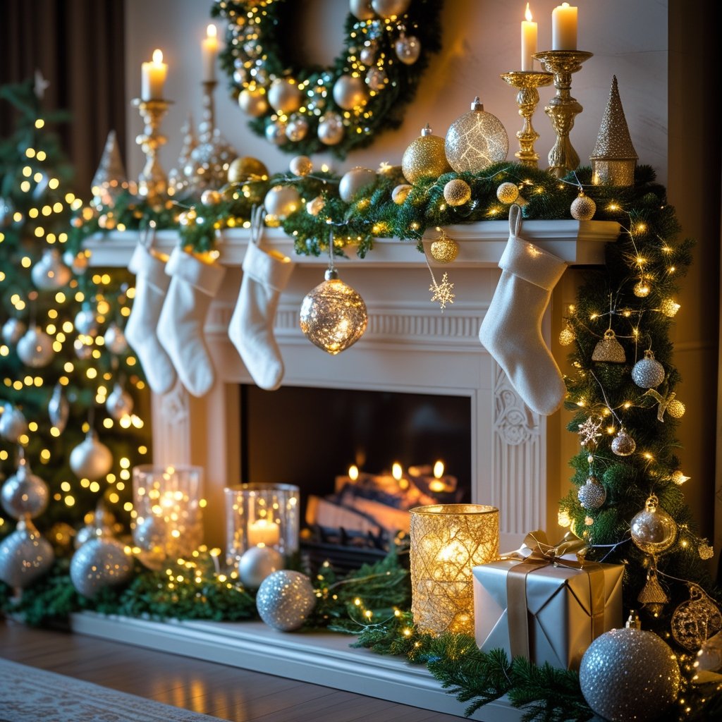 A decorated fireplace with Christmas ornaments, garlands, stockings, candles, and wrapped gifts creating a festive holiday scene.
