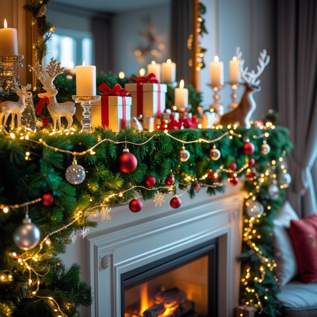 A decorated fireplace mantel with green garlands, fairy lights, wrapped gifts, candles, and holiday ornaments in a cozy living room with a warm fire burning.