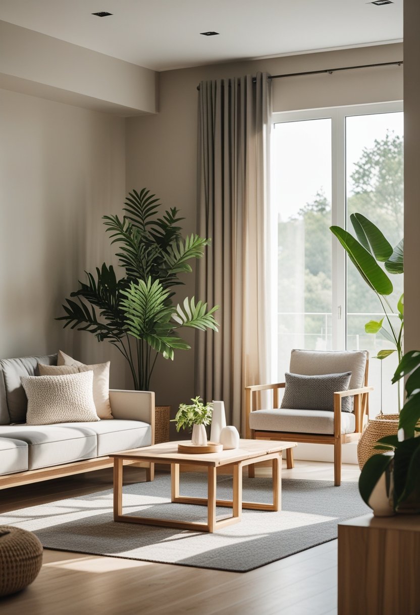 A cozy living room with a sofa, coffee table, plants, and large windows letting in natural light.
