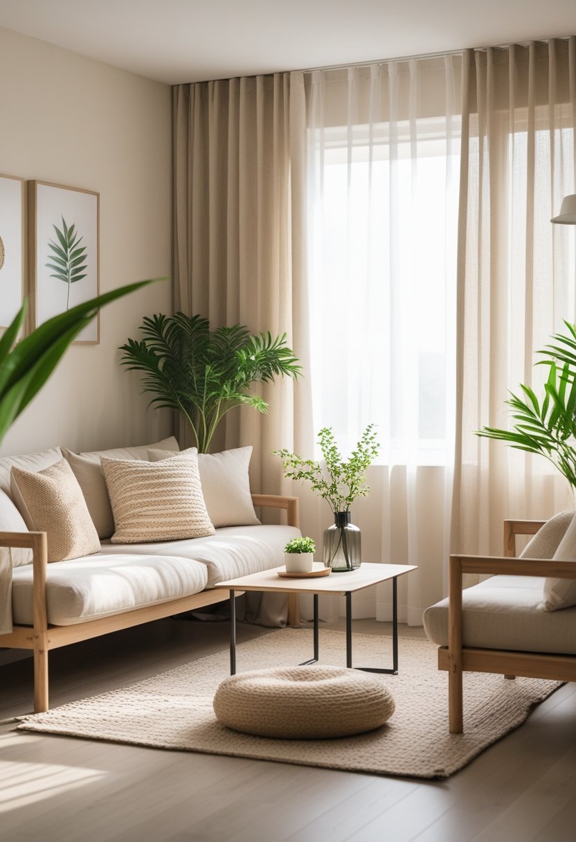 A bright living room with a beige sofa, wooden furniture, green plants, and soft natural light.
