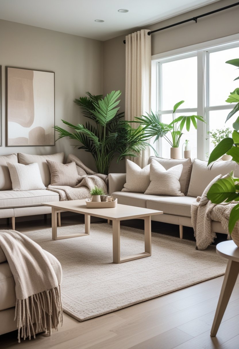A cozy living room with a neutral color scheme, featuring a sofa, coffee table, indoor plants, and natural light from large windows.