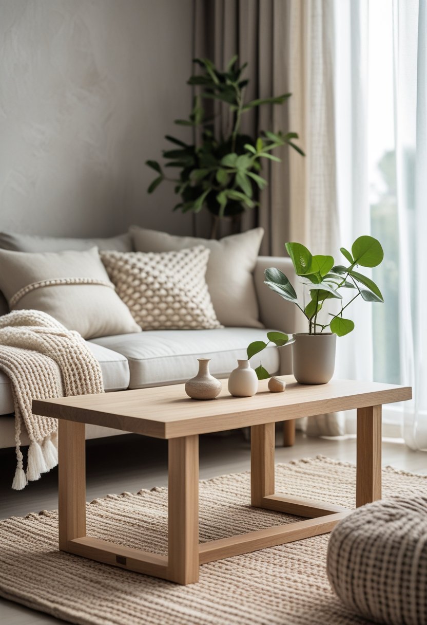 A living room with a sofa, coffee table, potted plant, and soft natural lighting.