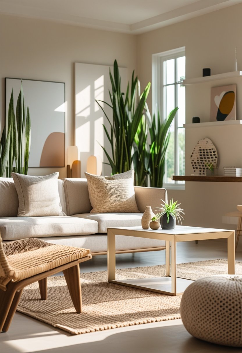 A living room with a sofa, coffee table, plants, and large windows letting in natural light.