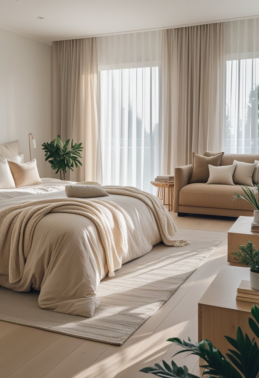 A bright bedroom and living area with a bed, sofa, plants, and natural light creating a calm and inviting atmosphere.