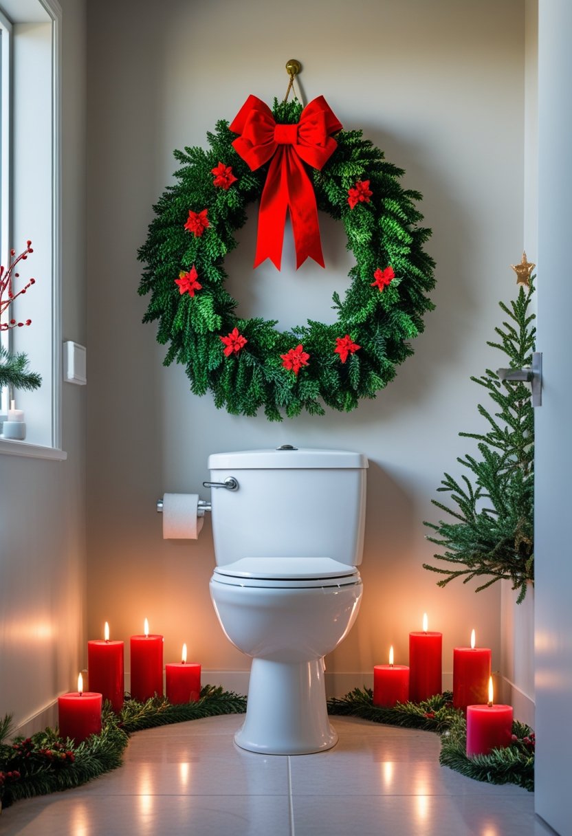 A bathroom with a green wreath and red bow above the toilet and red candles placed on the floor around it.