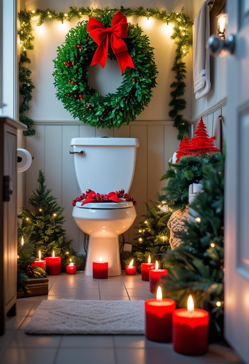 A bathroom with a green wreath and red bow above the toilet and red candles placed on the floor nearby.